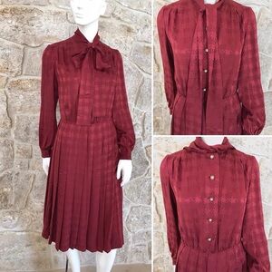 Vintage 1970s French Silk Maroon Shirt Dress w/Pussybow Neck Pleated Skirt